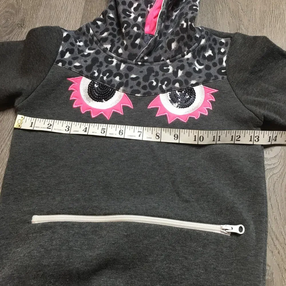 Limited To Girls Embellished Monster Hoodie Sweatshirt Gray Pink 5/6